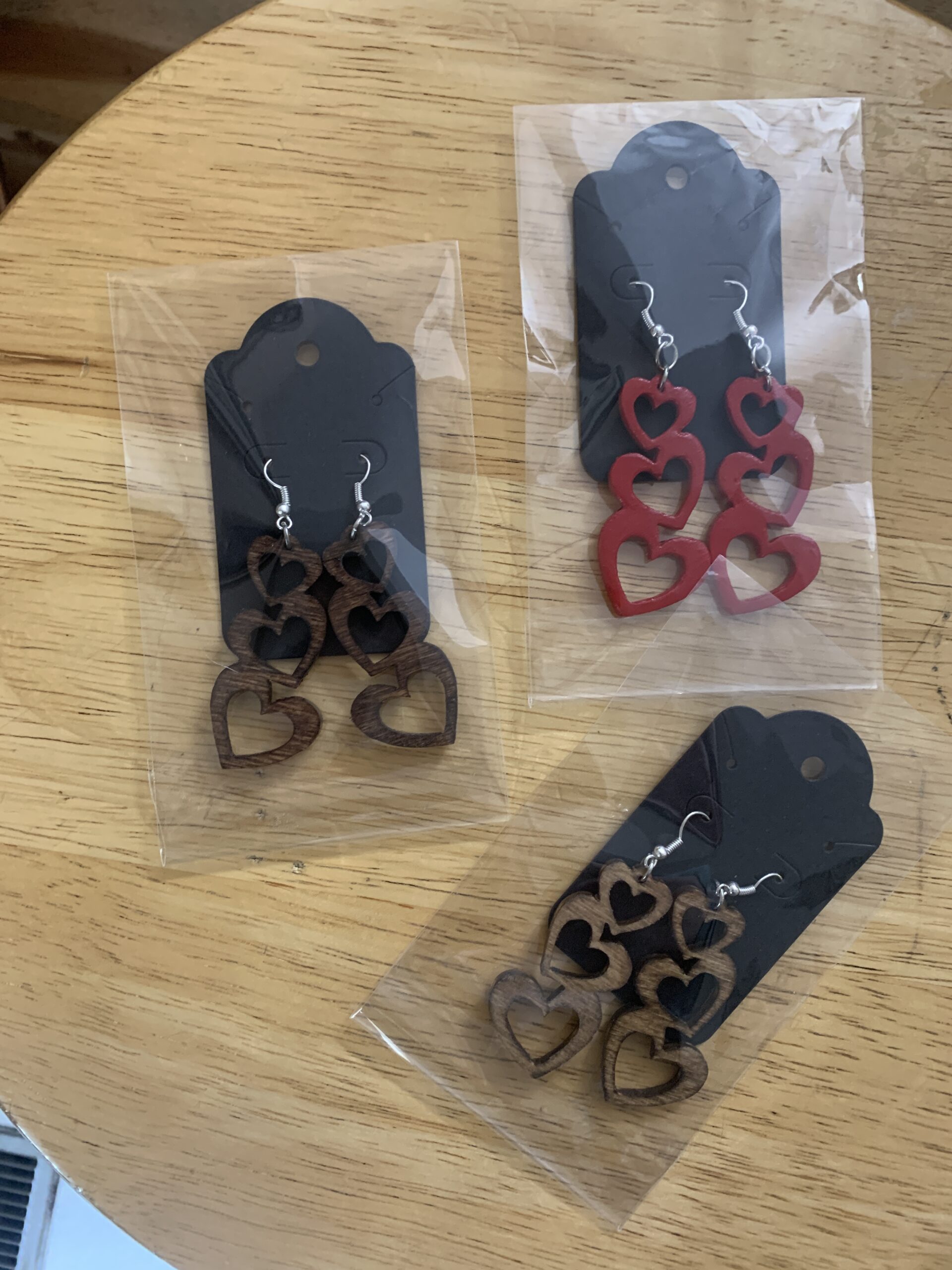 Wood Hanging hearts Valentine Earrings.